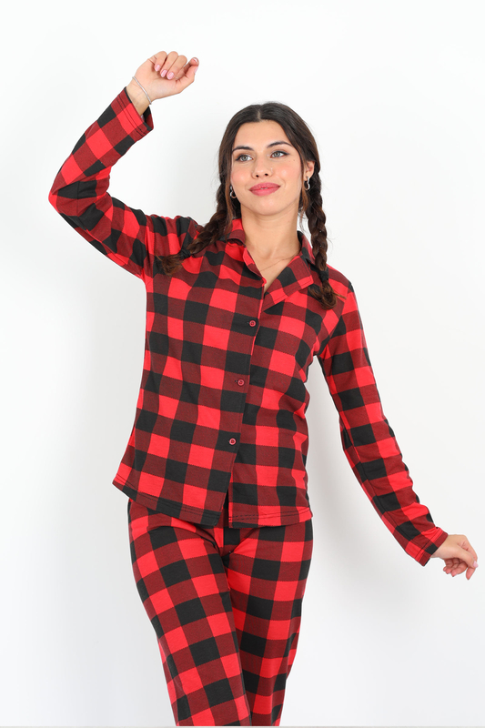 Kare Desen Kırmızı Siyah Kadın Pijama Takım - 2