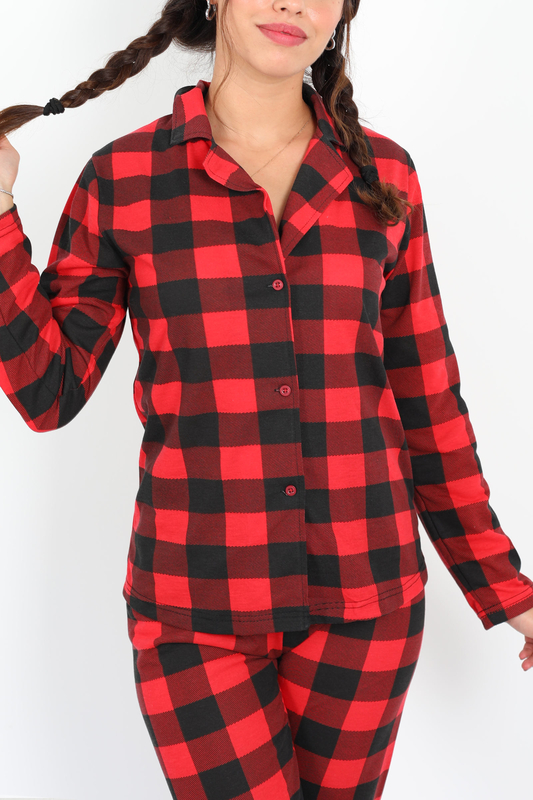 Kare Desen Kırmızı Siyah Kadın Pijama Takım - 3