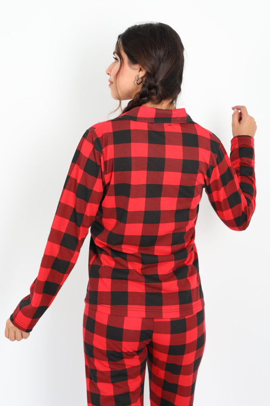Kare Desen Kırmızı Siyah Kadın Pijama Takım - 4