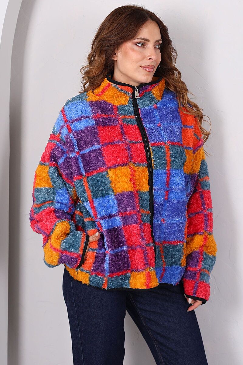 Kare Desenli Saks Mavi Kadın Oversize Peluş Ceket - 3