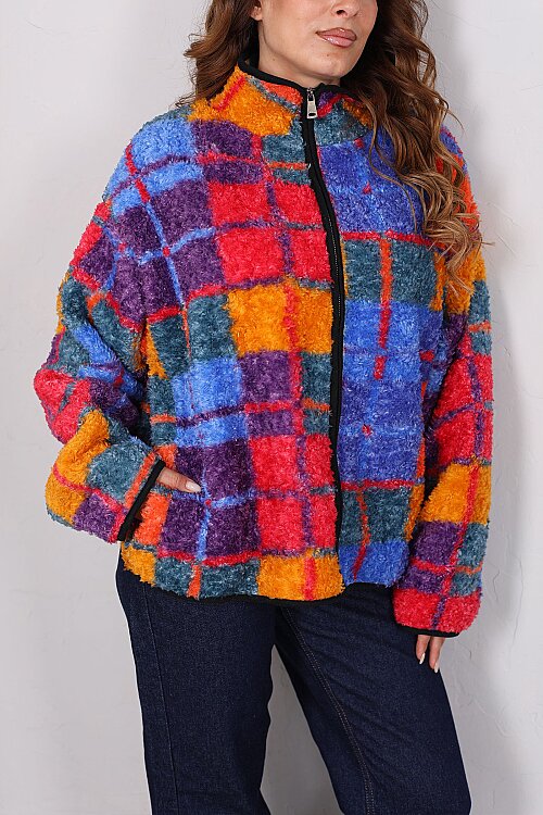 Kare Desenli Saks Mavi Kadın Oversize Peluş Ceket - Berox (1)