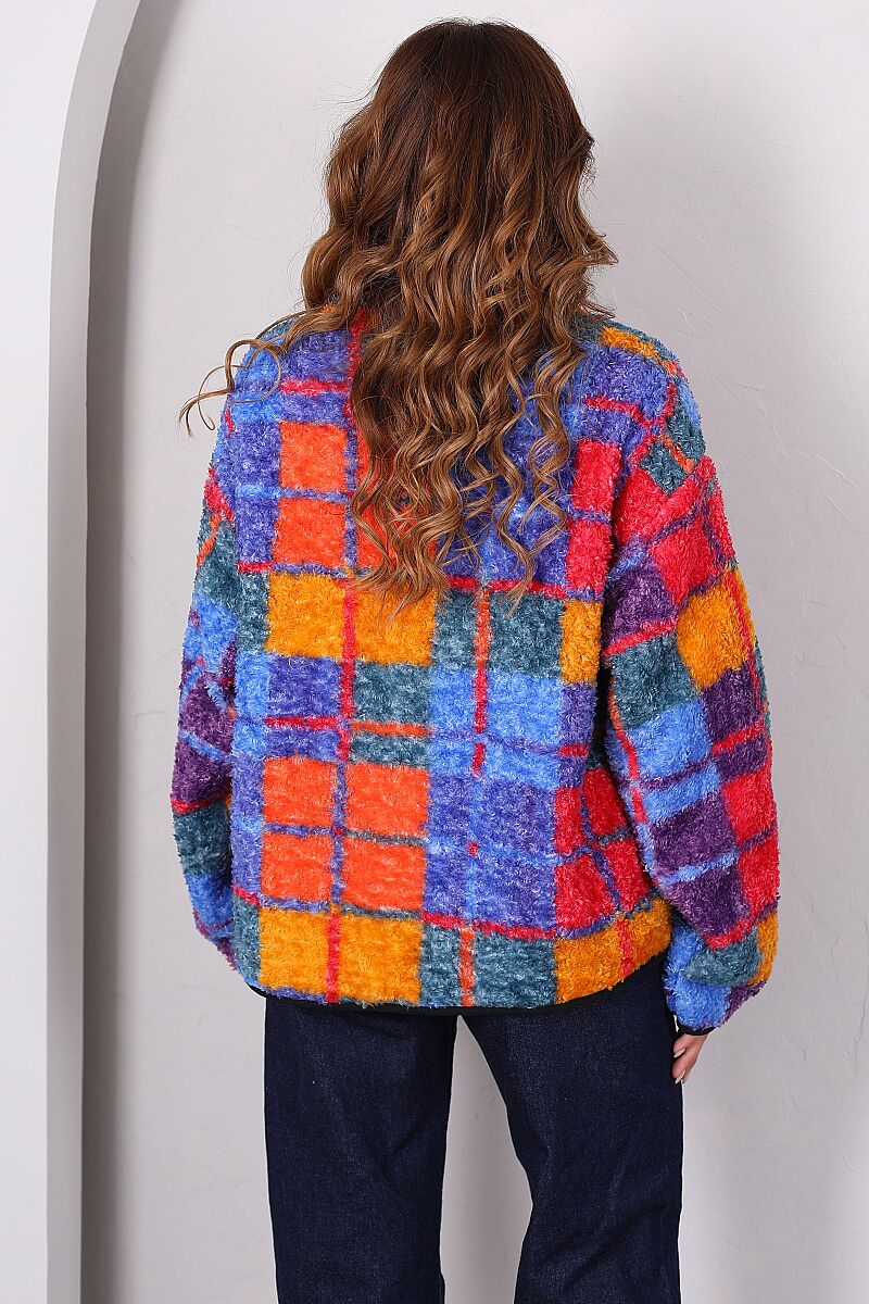 Kare Desenli Saks Mavi Kadın Oversize Peluş Ceket - 5