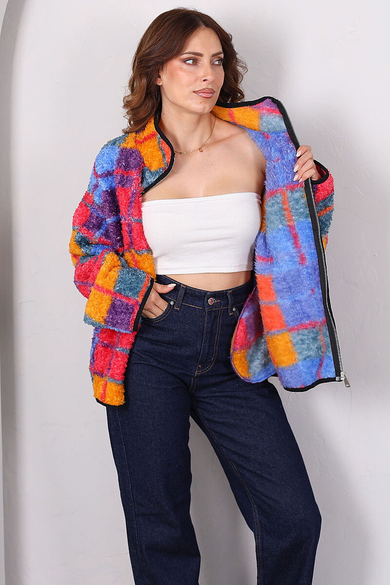 Kare Desenli Saks Mavi Kadın Oversize Peluş Ceket - 1