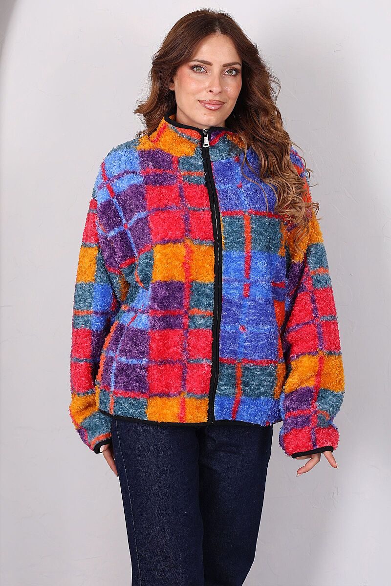 Kare Desenli Saks Mavi Kadın Oversize Peluş Ceket - 4