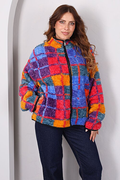 Kare Desenli Saks Mavi Kadın Oversize Peluş Ceket - 6