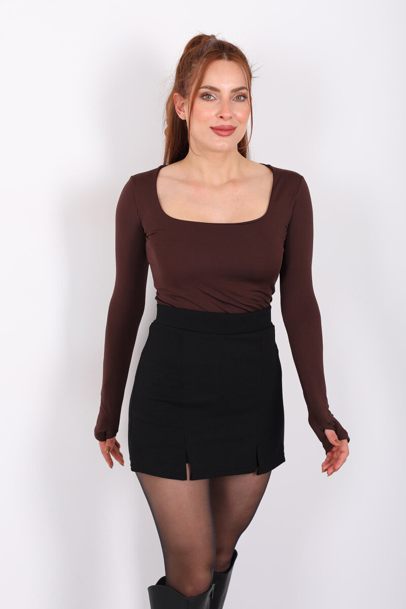 Kare Yaka Acı Kahve Kadın Sandy Bluz - 3