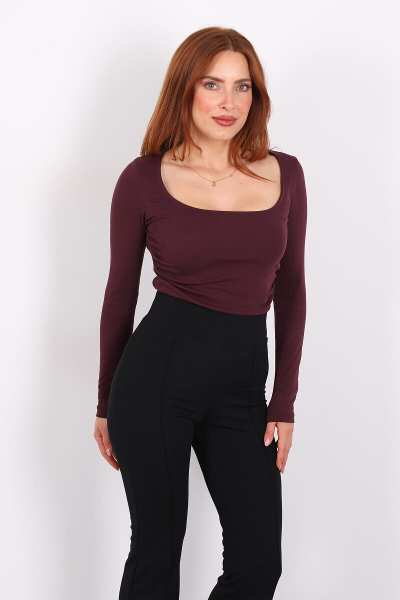 Kare Yaka Büzgülü Bordo Kadın Bluz - 6