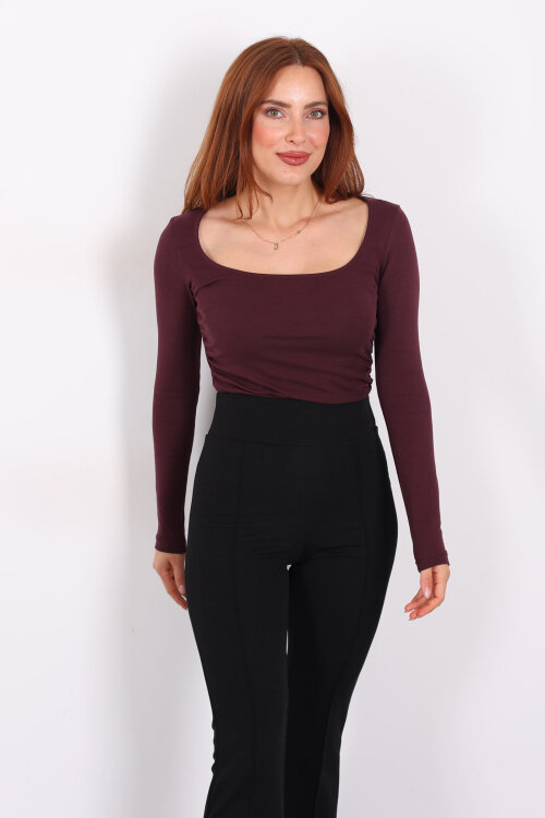 Kare Yaka Büzgülü Bordo Kadın Bluz - 4