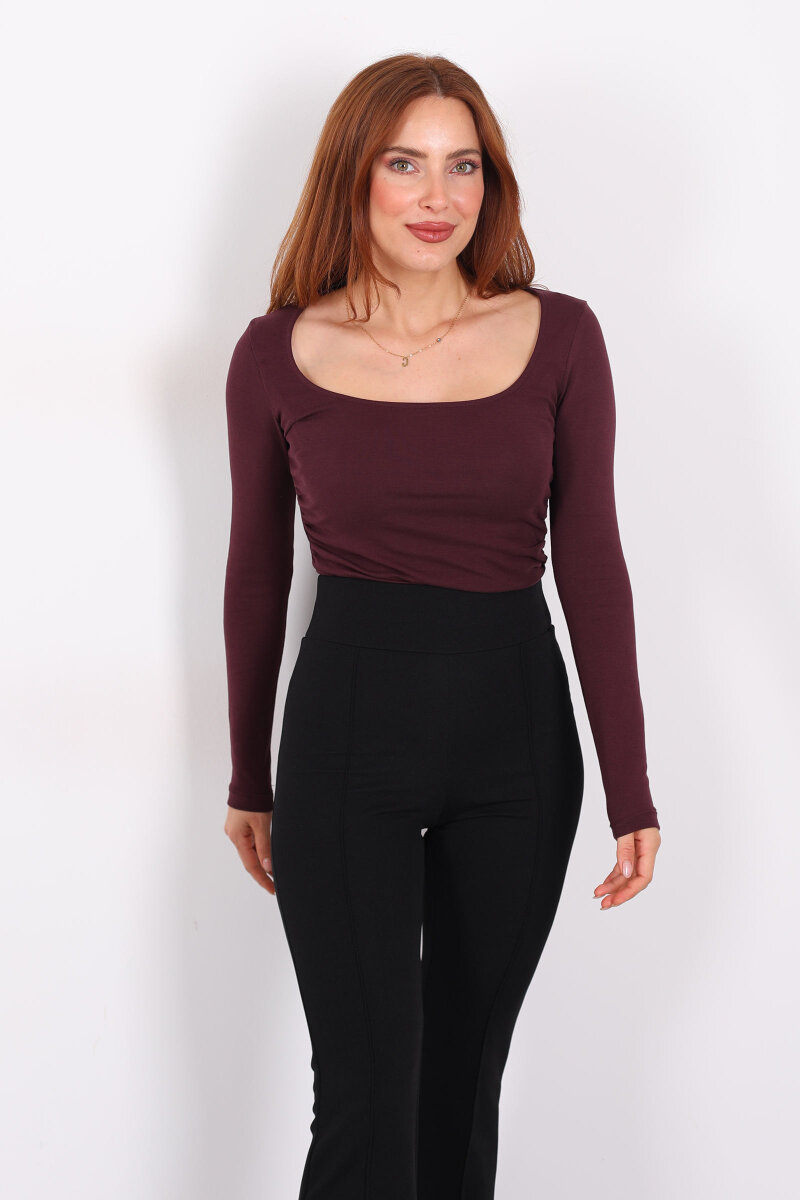 Kare Yaka Büzgülü Bordo Kadın Bluz - 4