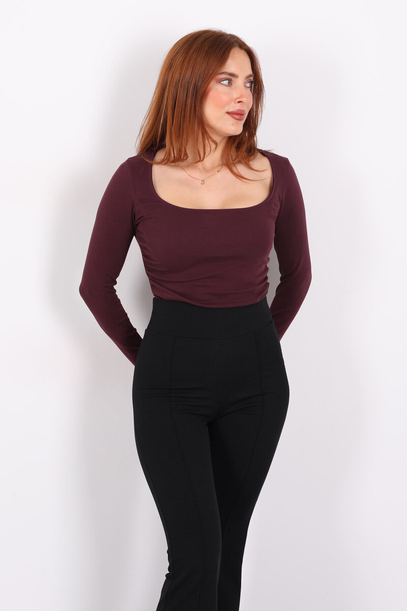 Kare Yaka Büzgülü Bordo Kadın Bluz - 3
