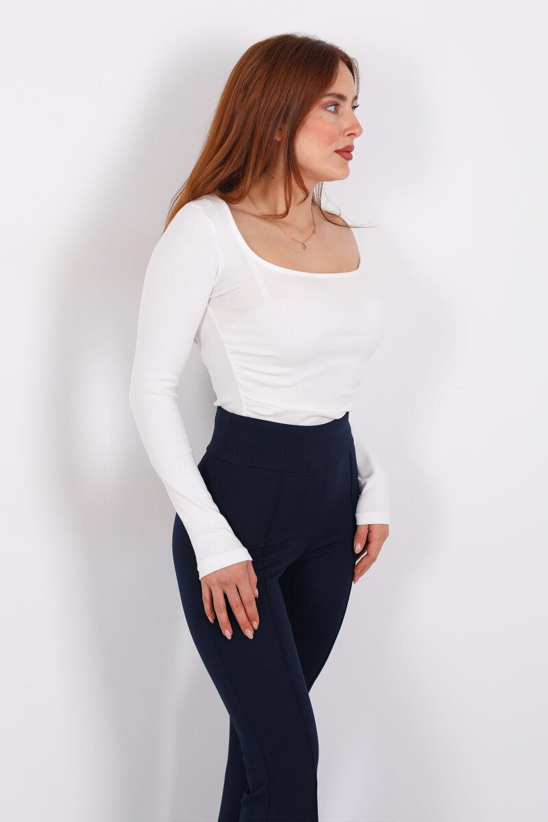 Kare Yaka Büzgülü Ekru Kadın Bluz - 6