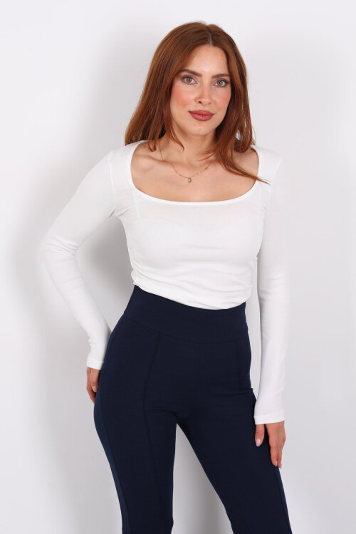 Kare Yaka Büzgülü Ekru Kadın Bluz - 3