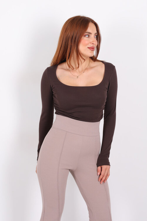 Kare Yaka Büzgülü Kahverengi Kadın Bluz - 6