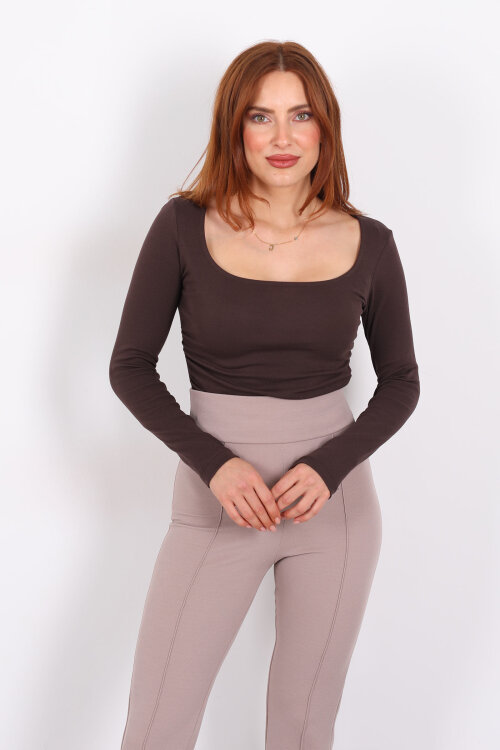 Kare Yaka Büzgülü Kahverengi Kadın Bluz - 3