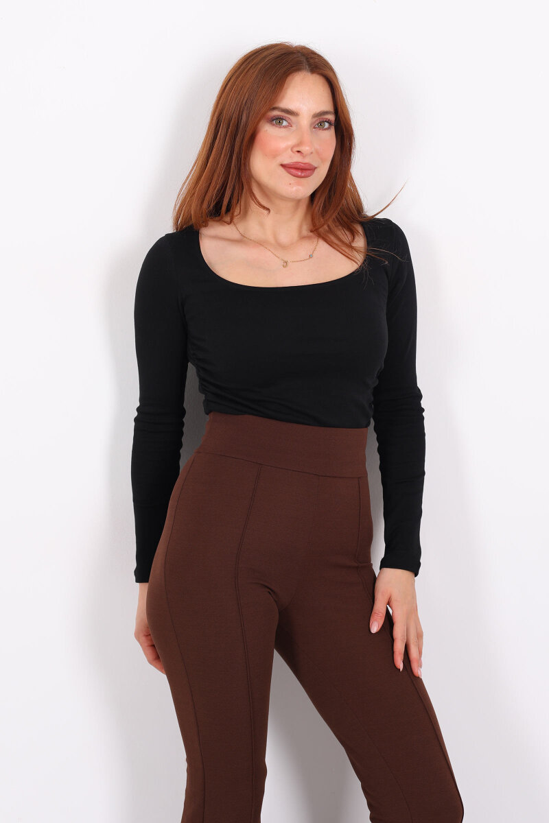 Kare Yaka Büzgülü Siyah Kadın Bluz - 6