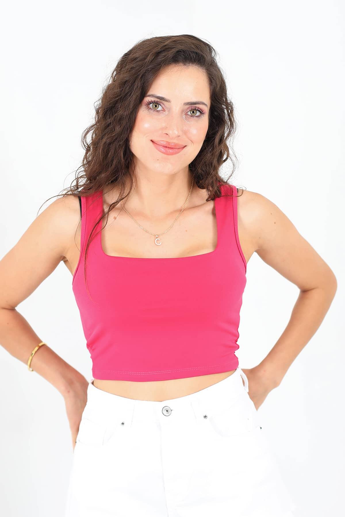 Kare Yaka Fuşya Kadın Kolsuz Sandy Crop