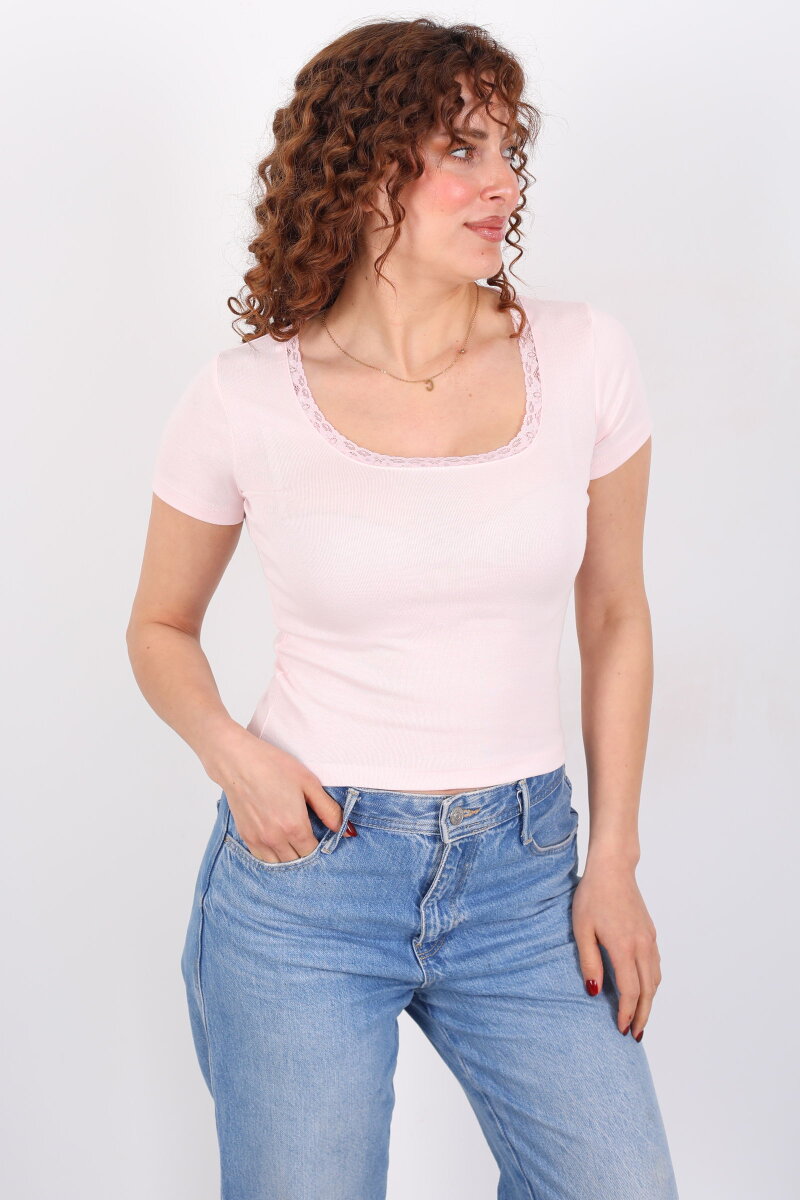 Kare Yaka Güpürlü Pudra Kadın Basic Body - 1