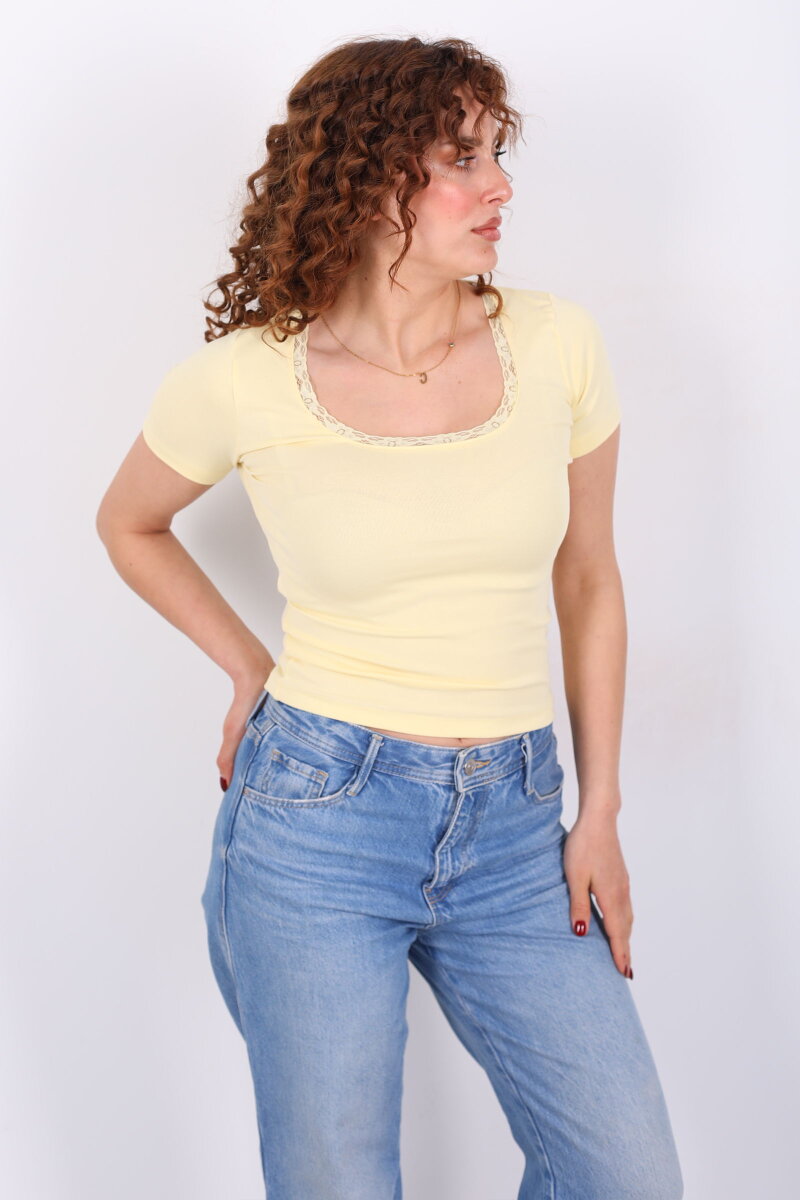 Kare Yaka Güpürlü Sarı Kadın Basic Body - 4
