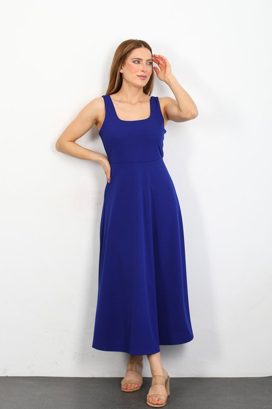 Kare Yaka Kalın Askı Kadın Saks Mavisi Atlas Elbise - 3