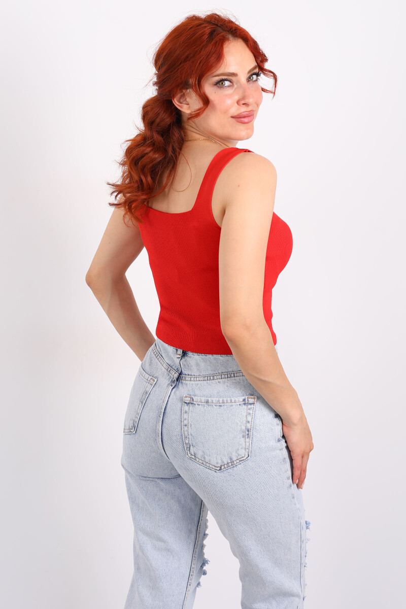Kare Yaka Kalın Askılı Kırmızı Kadın Triko Crop - 2