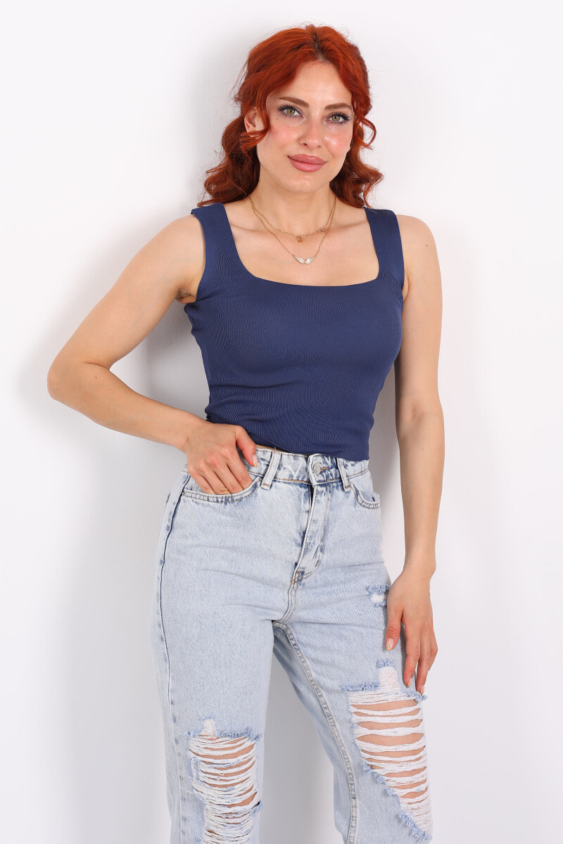 Kare Yaka Kalın Askılı Lacivert Kadın Triko Crop - 1