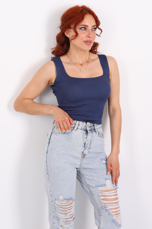 Kare Yaka Kalın Askılı Lacivert Kadın Triko Crop - 4