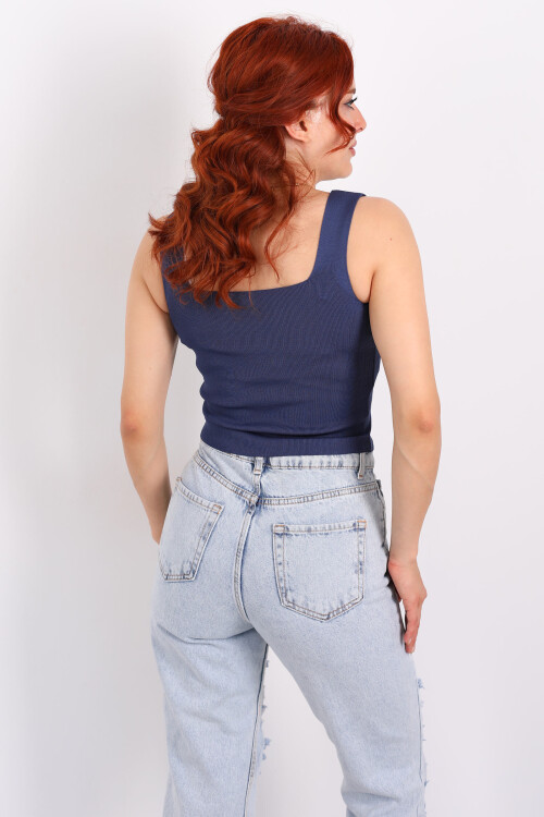 Kare Yaka Kalın Askılı Lacivert Kadın Triko Crop - 2
