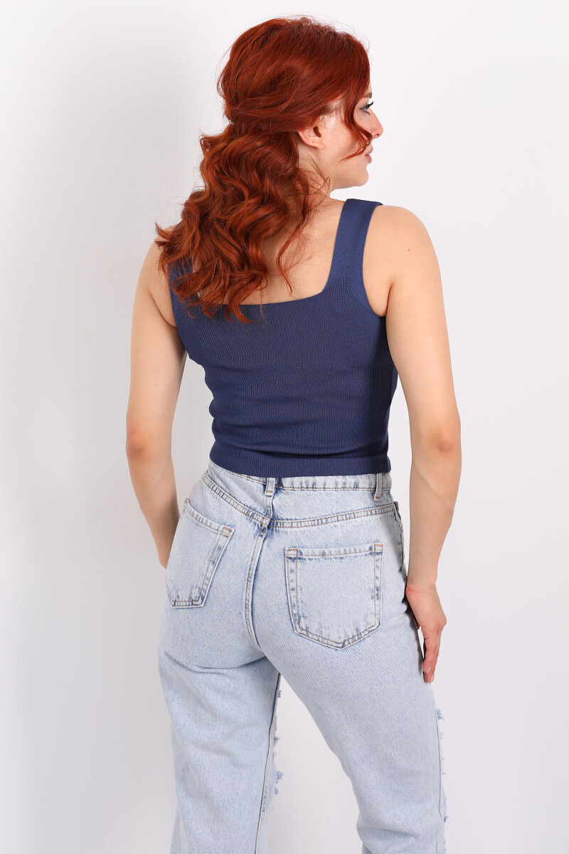 Kare Yaka Kalın Askılı Lacivert Kadın Triko Crop - 2