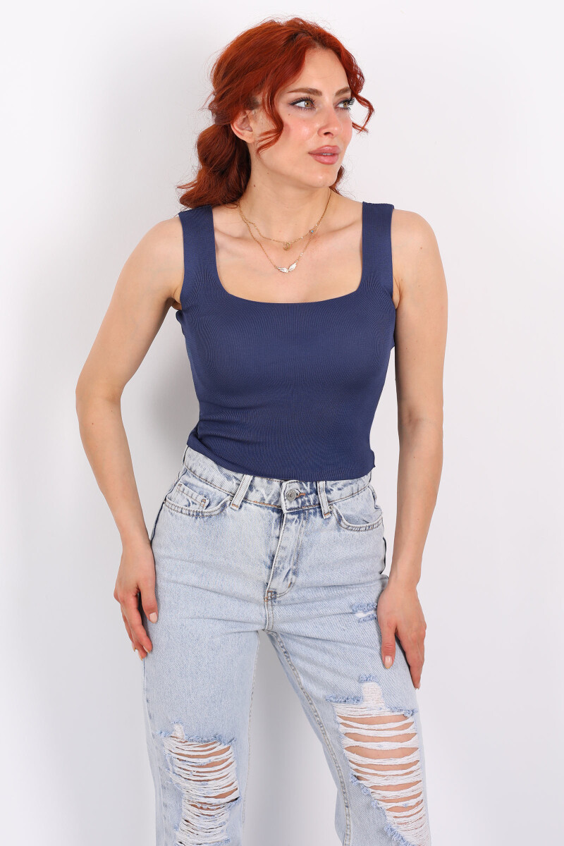 Kare Yaka Kalın Askılı Lacivert Kadın Triko Crop - 3
