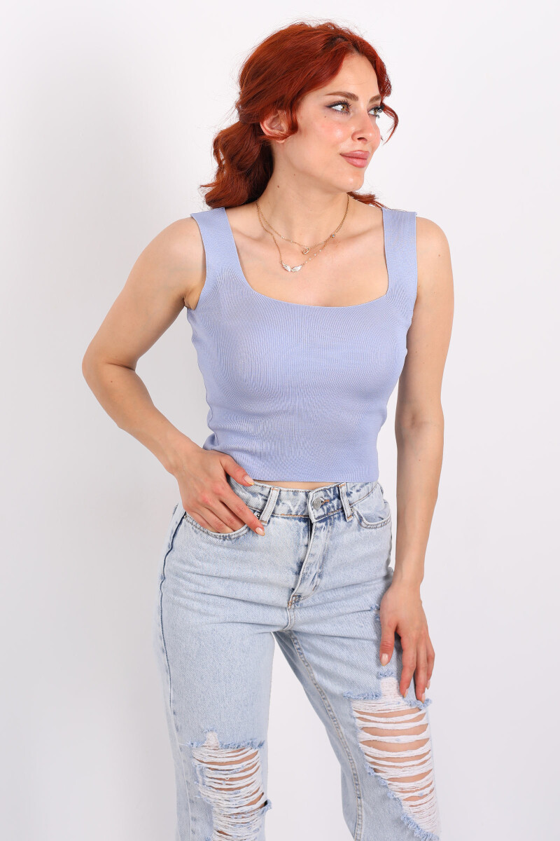 Kare Yaka Kalın Askılı Mavi Kadın Triko Crop - 4