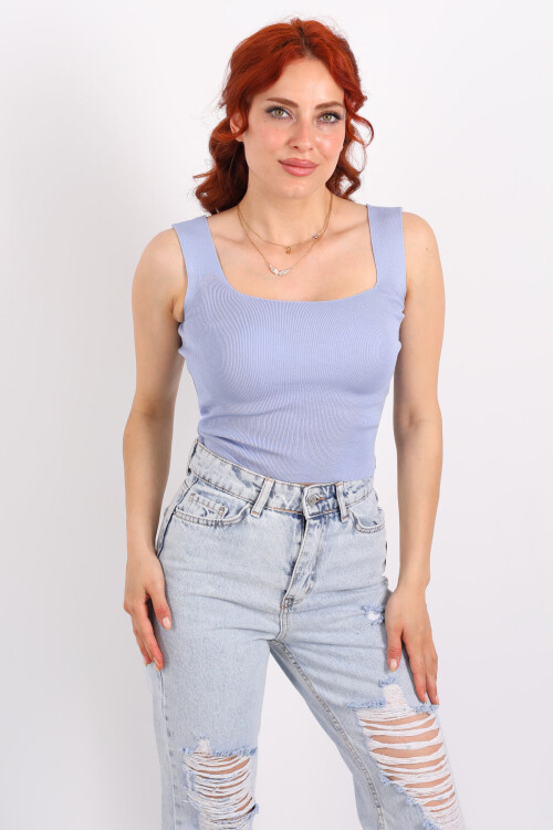 Kare Yaka Kalın Askılı Mavi Kadın Triko Crop - 3