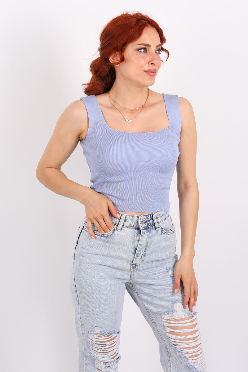 Kare Yaka Kalın Askılı Mavi Kadın Triko Crop - 1