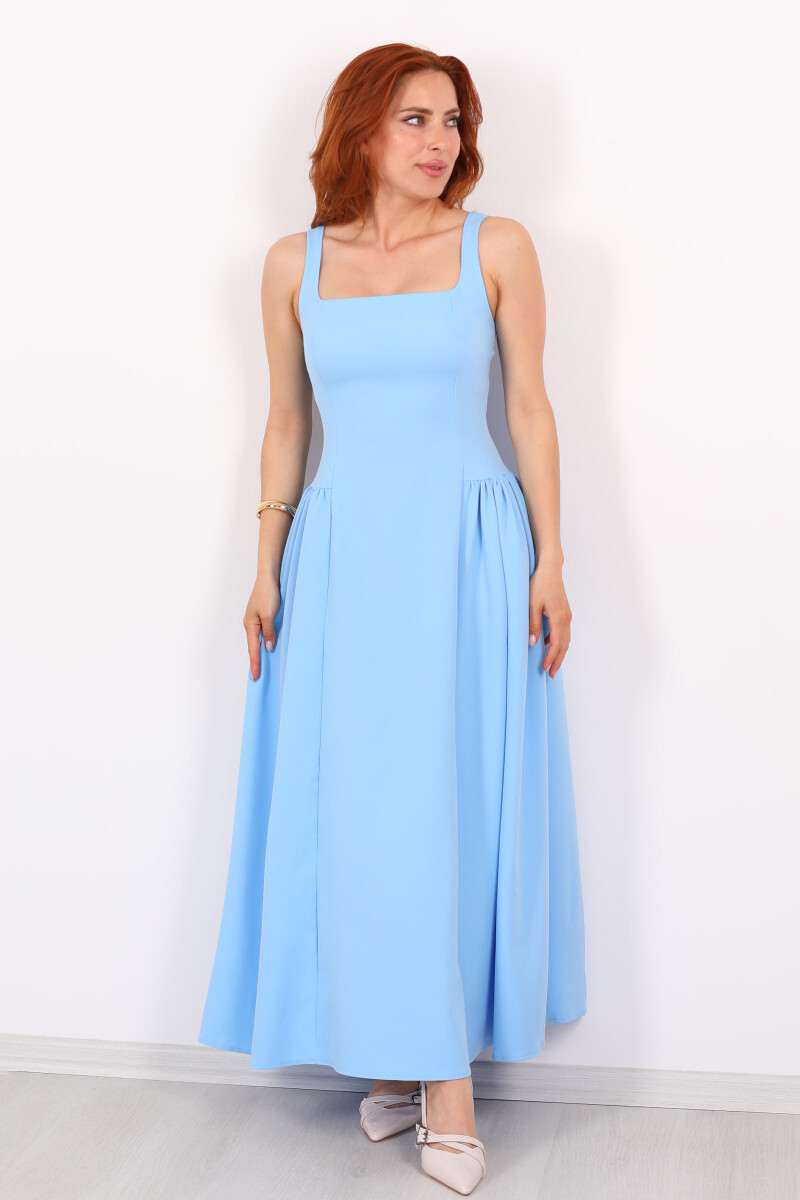 Kare Yaka Kalın Askılı Maxi Kloş Bebe Mavisi Kadın Elbise - 8