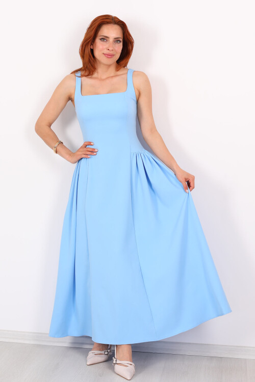 Kare Yaka Kalın Askılı Maxi Kloş Bebe Mavisi Kadın Elbise - 3