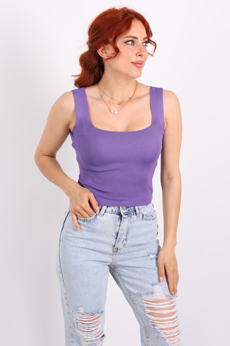Kare Yaka Kalın Askılı Mor Kadın Triko Crop - 4