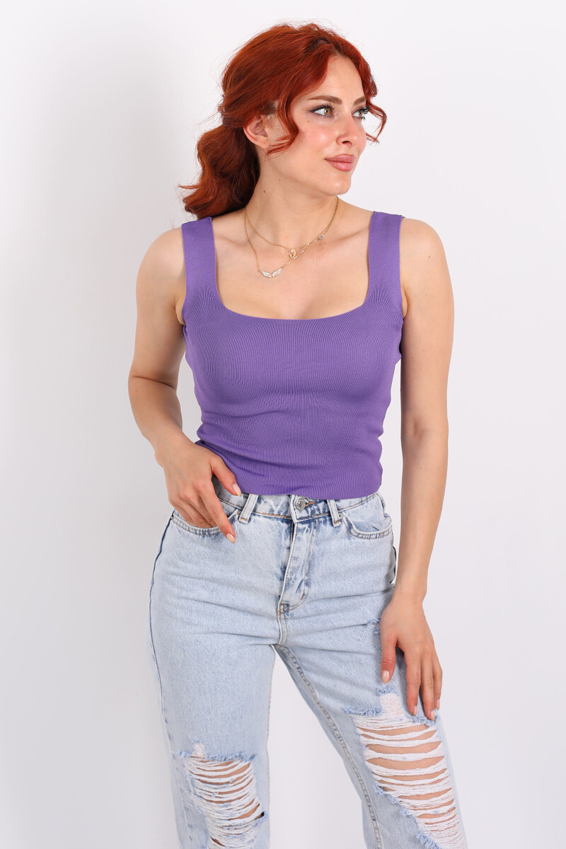 Kare Yaka Kalın Askılı Mor Kadın Triko Crop - 1