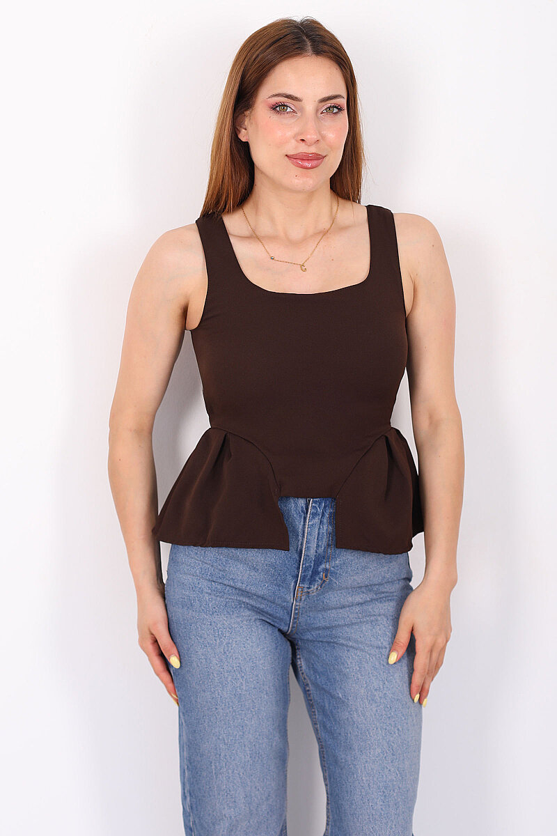 Kare Yaka Kalın Askılı Peplum Acı Kahve Kadın Bluz - 1