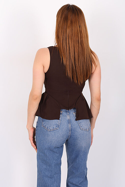 Kare Yaka Kalın Askılı Peplum Acı Kahve Kadın Bluz - 5
