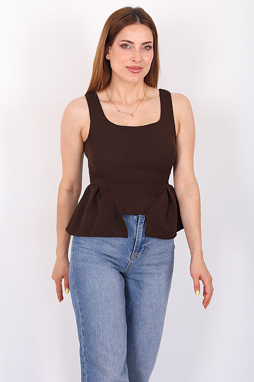 Kare Yaka Kalın Askılı Peplum Acı Kahve Kadın Bluz - 6