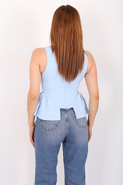 Kare Yaka Kalın Askılı Peplum Bebe Mavi Kadın Bluz - 5