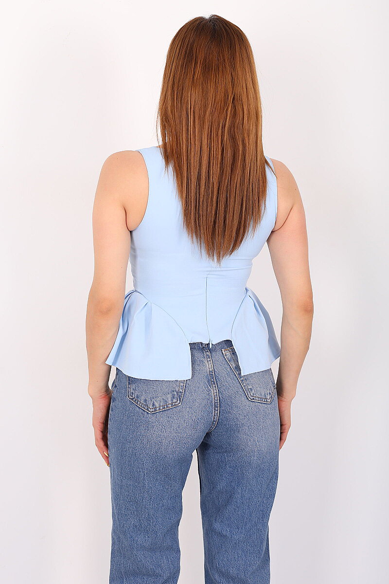 Kare Yaka Kalın Askılı Peplum Bebe Mavi Kadın Bluz - 5