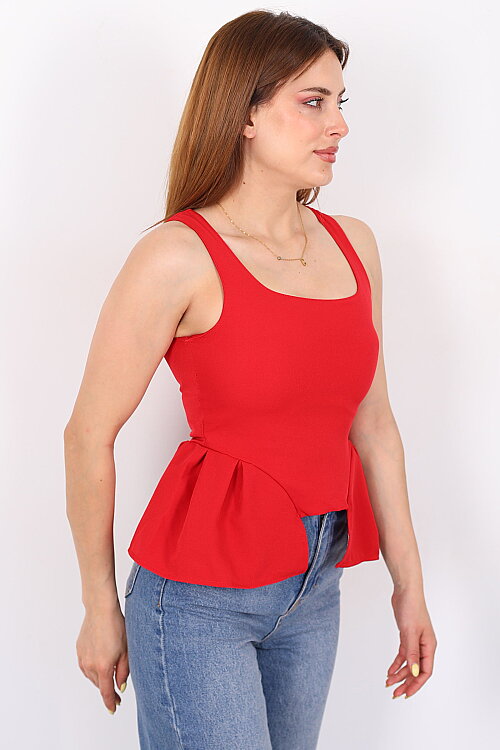 Kare Yaka Kalın Askılı Peplum Kırmızı Kadın Bluz - 3
