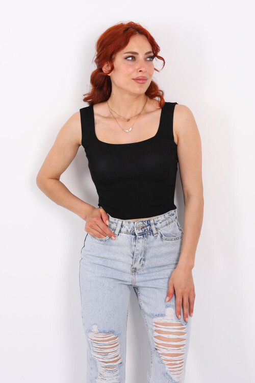Kare Yaka Kalın Askılı Siyah Kadın Triko Crop - 3