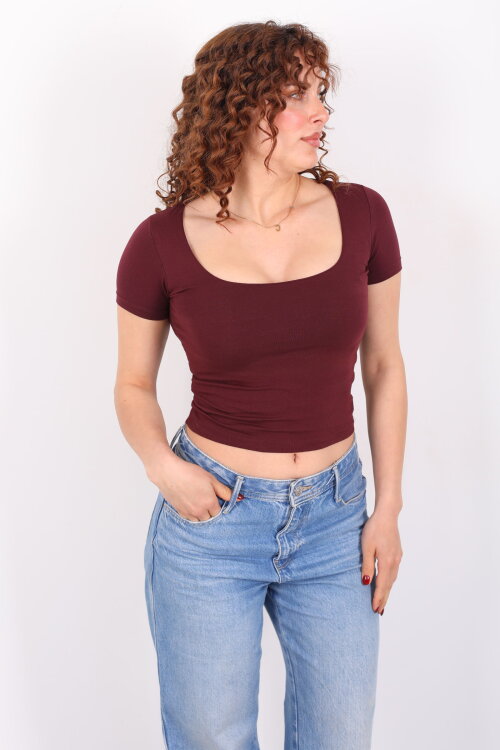 Kare Yaka Kısa Kol Bordo Kadın Basic Body - 4