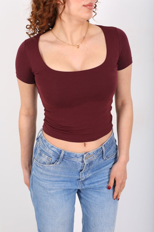 Kare Yaka Kısa Kol Bordo Kadın Basic Body - Berox (1)