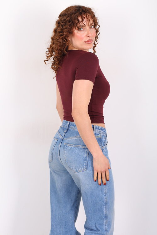 Kare Yaka Kısa Kol Bordo Kadın Basic Body - 5