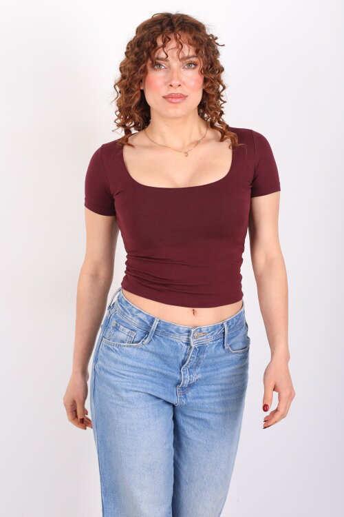 Kare Yaka Kısa Kol Bordo Kadın Basic Body - 3