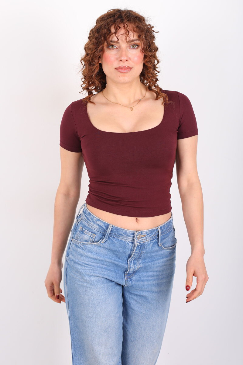Kare Yaka Kısa Kol Bordo Kadın Basic Body - 3