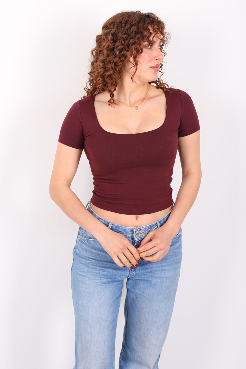 Kare Yaka Kısa Kol Bordo Kadın Basic Body - 1