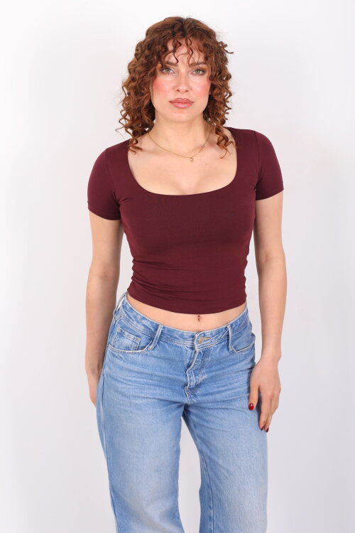 Kare Yaka Kısa Kol Bordo Kadın Basic Body - 6